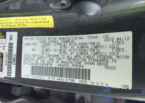 2012 Toyota Tacoma Prerunner V6 from USA, damaged, VIN 5TFJU4GN0CX024070